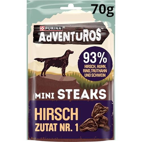 PURINA Adventuros Hundeleckerlis Mini Steaks mit Hirsch Beutel, 7er Pack (7 x 70 g) von Purina Cat Chow