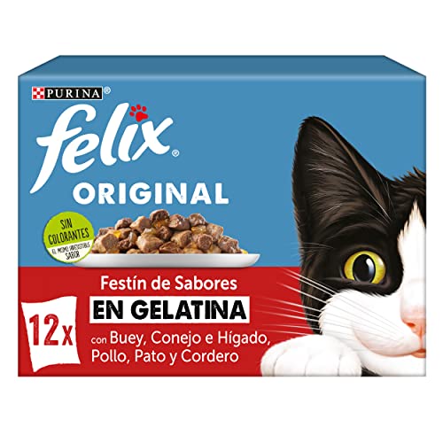 PURINA FELIX Gelatine, Nassfutter für Katzen, Erwachsene, Fleischsortiment, 6 Packungen mit 12 Beuteln à 85 g, 72 Beutel von Felix