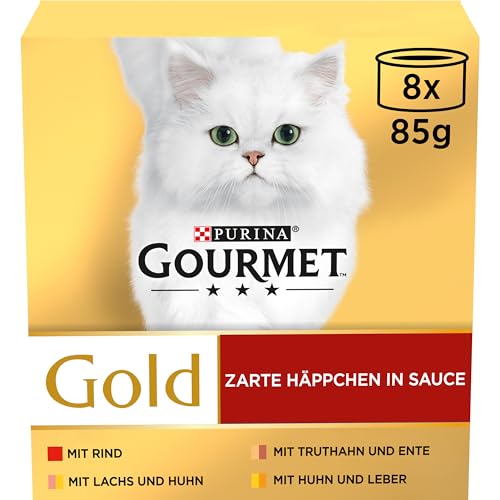 Gourmet Gold Zarte Häppchen in Sauce Katzenfutter nass, Sorten-Mix, 12er Pack (12 x 8 Dosen à 85g) von Gourmet