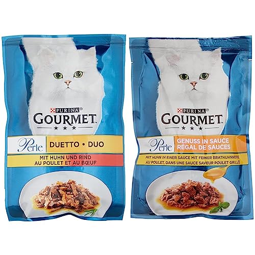 PURINA GOURMET Perle Duetto Katzenfutter nass, mit Huhn und Rind, 26er Pack (26 x 85g) & Perle Genuss in Sauce Katzenfutter nass, mit Huhn, 26er Pack (26 x 85g) von PURINA GOURMET