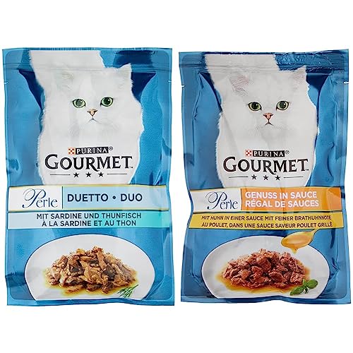 PURINA GOURMET Perle Duetto Katzenfutter nass, mit Sardinen und Thunfisch, 26er Pack (26 x 85g) & Perle Genuss in Sauce Katzenfutter nass, mit Huhn, 26er Pack (26 x 85g) von PURINA GOURMET