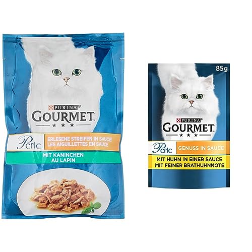 PURINA GOURMET Perle Erlesene Streifen Katzenfutter nass, mit Kaninchen, 26er Pack (26 x 85g) & Perle Genuss in Sauce Katzenfutter nass, mit Huhn, 26er Pack (26 x 85g) von PURINA GOURMET