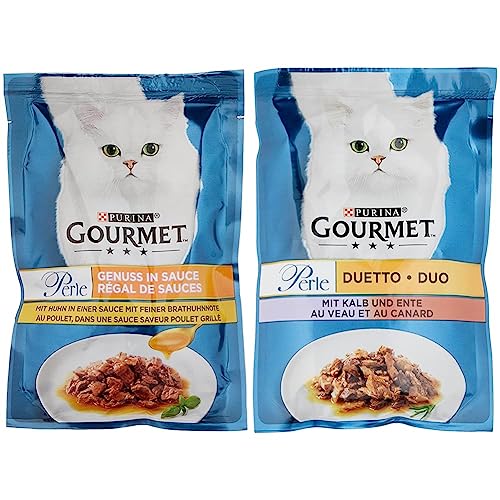 PURINA GOURMET Perle Genuss in Sauce Katzenfutter nass, mit Huhn, 26er Pack (26 x 85g) & Perle Duetto Katzenfutter nass, mit Kalb und Ente, 26er Pack (26 x 85g) von Purina