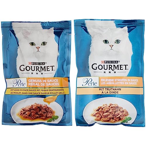 PURINA GOURMET Perle Genuss in Sauce Katzenfutter nass, mit Huhn, 26er Pack (26 x 85g) & Perle Erlesene Streifen Katzenfutter nass, mit Truthahn, 26er Pack (26 x 85g) von PURINA GOURMET