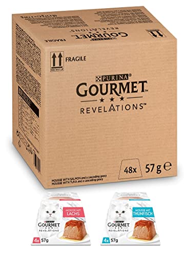 Gourmet Gourmet PURINA GOURMET Revelations Mousse, Katzenfutter nass in Sauce, Lachs & Thunfisch, 48er Pack (48 x 57g) von Gourmet