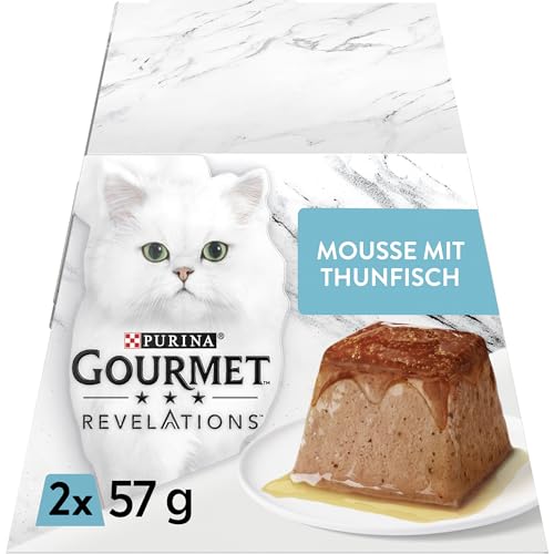 PURINA GOURMET Revelations Mousse, Katzenfutter nass in Sauce, mit Thunfisch, 12er Pack (12 x 2 Portionen à 57g) von Gourmet