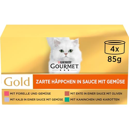 PURINA GOURMET Gold Zarte Häppchen in Sauce mit Gemüse Katzenfutter nass, Sorten-Mix, 12er Pack (12 x 4 Dosen à 85g) von Gourmet