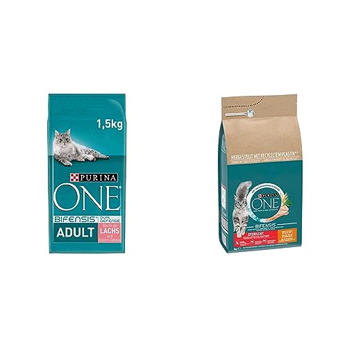 PURINA ONE BIFENSIS Adult Katzenfutter trocken, reich an Lachs, 6er Pack (6 x 1,5kg) & BIFENSIS STERILCAT Katzenfutter trocken für sterilisierte Katzen, reich an Huhn, 1er Pack (1 x 6kg) von PURINA ONE