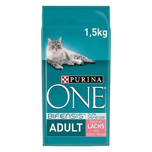 PURINA ONE BIFENSIS Adult Katzentrockenfutter: reich an Lachs, stärkt natürliche Abwehrkräfte, für gesunde Knochen, Haut, Zähne & Harnwege I ab 1 Jahr, 6x1,5kg von PURINA ONE