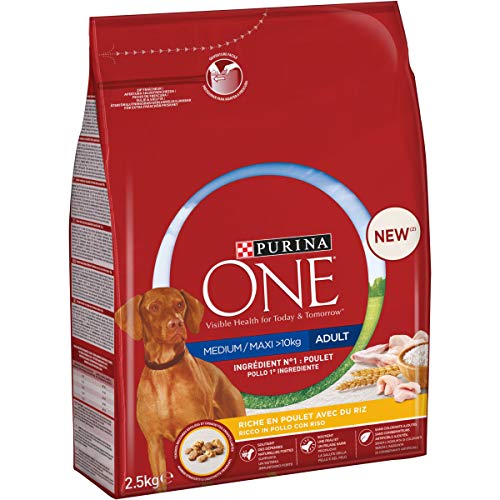 PURINA ONE Medium Maxi Trockenfutter für Erwachsene Hunde mit Huhn und Reis 4 Beutel à 2,5 kg von Pro Plan