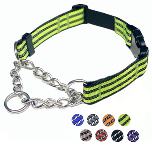 Martingale Hundehalsband, reflektierendes Nylonhalsband mit Edelstahlkette, verstellbares Hundehalsband mit Schnellverschluss-Schnalle, geeignet für kleine, mittelgroße und große Hunde (Grün, M) von PUROAYET
