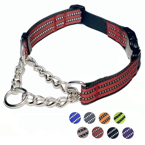 Martingale Hundehalsband, reflektierendes Nylonhalsband mit Edelstahlkette, verstellbares Hundehalsband mit Schnellverschluss-Schnalle, geeignet für kleine, mittelgroße und große Hunde (Rot, M) von PUROAYET