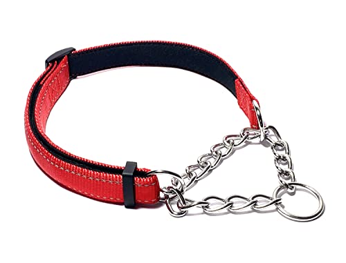 PUROAYET Martingale Halsband für Hunde, reflektierendes Nylon, weich gepolstert, kein Ziehen, verstellbare Halsbänder, Edelstahl-Kette, Halsband für große, mittelgroße und kleine Hunde (Rot, L) von PUROAYET