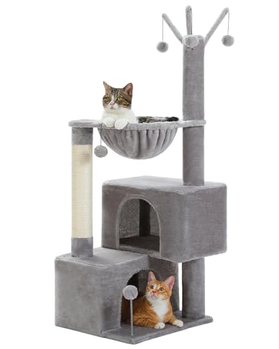 PURRPURCAT Kratzbaum mit 2 Katzenhütten für Indoor-Katzen, Katzenturm mit Kratzbäumen für kleine Katzen, Katzenbaumturm mit Hängematte und Katzenspielzeug, 114 cm, Grau PURRPURCAT Kratzbaum mit 2 Katzenhütten für Indoor-Katzen, Katzenturm mit Kratzbäumen für kleine Katzen, Katzenbaumturm mit Hängematte und Katzenspielzeug, 114 cm, Grau von PURRPURCAT