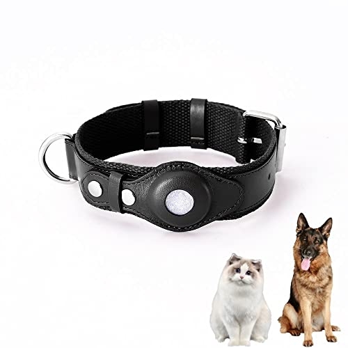 PUSHY.D AirTag Halsband für Hunde und Katzen Weiches Kunstleder Langlebig Intelligenter Anti-Verlust Einstellbarer Airtag Schutz Haustier Halsband für Kleine Mittlere und Große Hunde(Schwarz, L) von PUSHY.D