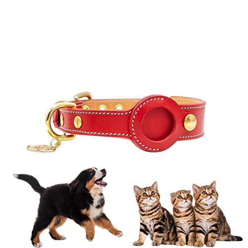 PUSHY.D AirTag Halsband für Hunde und Katzen in Rot Hochwertiges Rindsleder Doppelseitiges Leder Strapazierfähiges Verstellbar airtag Tracker für Kleine Mittlere Große Hunde(Rot,L) von PUSHY.D