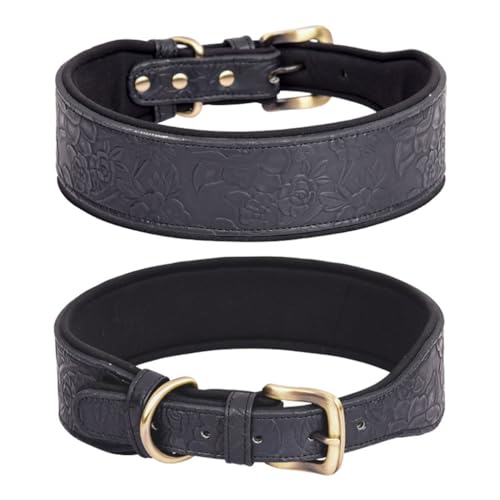 Breites, gepolstertes Hundehalsband, geprägtes Leder, Welpenhalsbänder for den Außenbereich, kein Ziehen, bequemes Haustierhalsband, Hundezubehör(Black,M) von PUYUNA