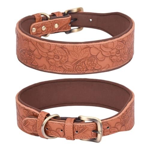 Breites, gepolstertes Hundehalsband, geprägtes Leder, Welpenhalsbänder for den Außenbereich, kein Ziehen, bequemes Haustierhalsband, Hundezubehör(Brown,M) von PUYUNA