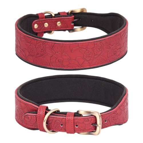 Breites, gepolstertes Hundehalsband, geprägtes Leder, Welpenhalsbänder for den Außenbereich, kein Ziehen, bequemes Haustierhalsband, Hundezubehör(Red,M) von PUYUNA