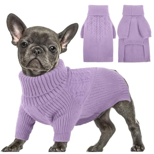PUZAUKAL Hundepullover für Kleine Hunde Hundepulli Warme Winter Hundepullover Rollkragen Strickpullover für Mittlere Große Hunde Langarm Weihnachtshundepullover Lila(L) von PUZAUKAL