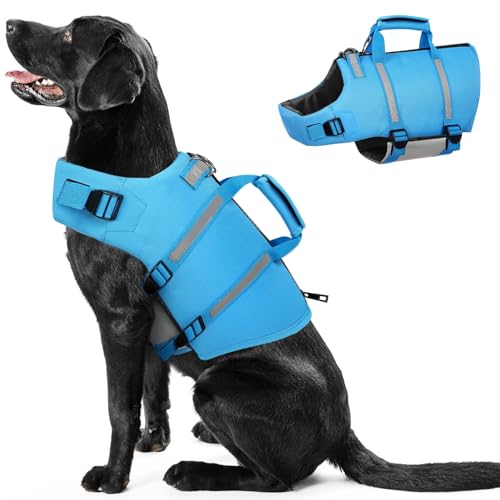 PUZAUKAL Schwimmweste Hunde Ripstop Hundeschwimmweste Dog Life Jacket mit Rettungsgriff und Reflektierenden Streifen Verstellbaren Hunde Rettungsweste für Kleine Mittel Große,Blau-XS von PUZAUKAL