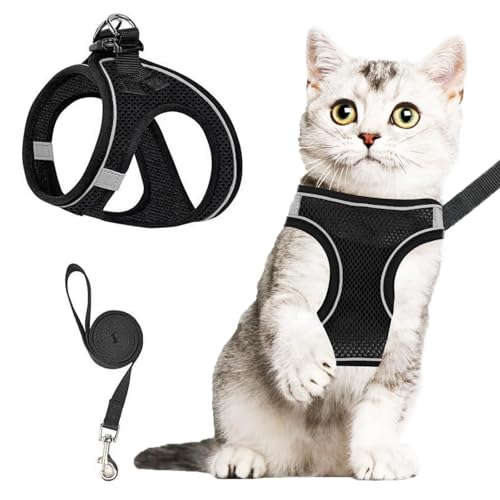 Katzengeschirr mit Leine, Verstellbares Katzengeschirr Ausbruchsicher, Katzenleine mit Geschirr für Katzen, Weichem Innenfutter Und Atmungsaktivem Mesh, Reflektierend Geschirr Set von PVFZXS