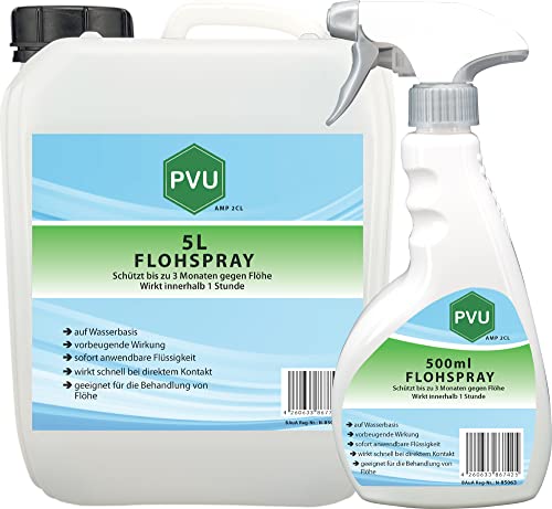 Pvu Floh Spray 5L + 500ml - Langzeitwirkung gegen Flöhe & Tierflöhe Innen und Außen auf Wasserbasis von PVU