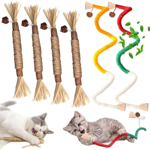 PWCTNT Katzenspielzeug Selbstbeschäftigung, Katzenspielzeug, 6 Stück Interaktives Katzenspielzeug Inkl 2 Katzenkauschnüren Und 4 Katzenminze Stangen, Katzenminze Spielzeug Für Zur Katzenzahnpflege von PWCTNT