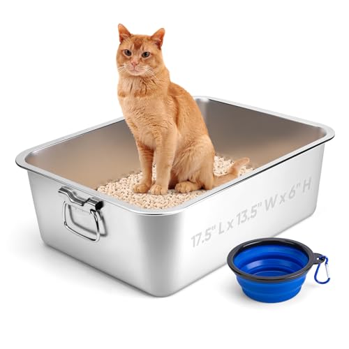 PWEZON Edelstahl-Katzentoilette mit Griff für Katzen und Kaninchen, geruchshemmende Katzentoilette, klappbarer Futterteller, antihaftbeschichtete, Glatte Oberfläche (17,5" L x 13,5" B x 6" H) von PWEZON