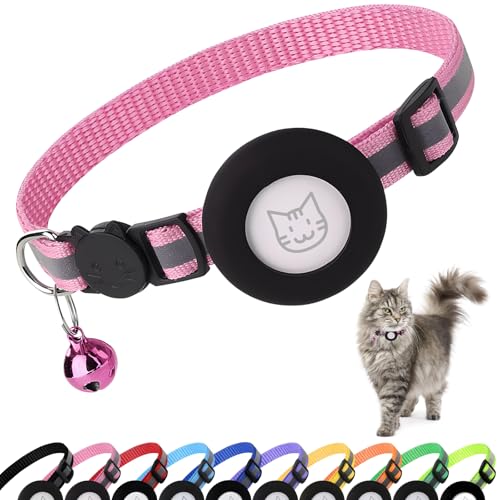 PWOD Airtag Katzenhalsband mit Glöckchen, reflektierendes Nylon-Kätzchenhalsband mit Apple Air-Tag-Halter und Sicherheitsschnalle für Welpen, Mädchen, Jungen, Katzen, 0,95 cm breit und leicht, Rosa PWOD Airtag Katzenhalsband mit Glöckchen, reflektierendes Nylon-Kätzchenhalsband mit Apple Air-Tag-Halter und Sicherheitsschnalle für Welpen, Mädchen, Jungen, Katzen, 0,95 cm breit und leicht, Rosa von PWOD