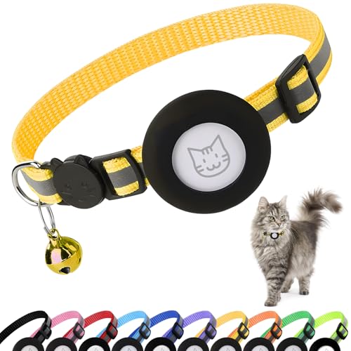 PWOD Airtag Katzenhalsband mit Glöckchen, reflektierendes Nylon-Kätzchenhalsband mit Apple Air-Tag-Halter und Sicherheitsschnalle für Welpen, Mädchen, Jungen, Katzen, 0,95 cm breit und leicht, Gelb PWOD Airtag Katzenhalsband mit Glöckchen, reflektierendes Nylon-Kätzchenhalsband mit Apple Air-Tag-Halter und Sicherheitsschnalle für Welpen, Mädchen, Jungen, Katzen, 0,95 cm breit und leicht, Gelb von PWOD