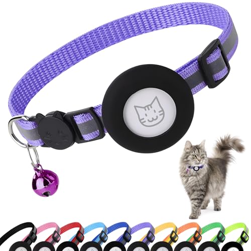 PWOD Airtag Katzenhalsband mit Glöckchen, reflektierendes Nylon-Kätzchenhalsband mit Apple Air-Tag-Halter und Sicherheitsschnalle für Welpen, Mädchen, Jungen, Katzen, 0,95 cm breit und leicht, Lila PWOD Airtag Katzenhalsband mit Glöckchen, reflektierendes Nylon-Kätzchenhalsband mit Apple Air-Tag-Halter und Sicherheitsschnalle für Welpen, Mädchen, Jungen, Katzen, 0,95 cm breit und leicht, Lila von PWOD