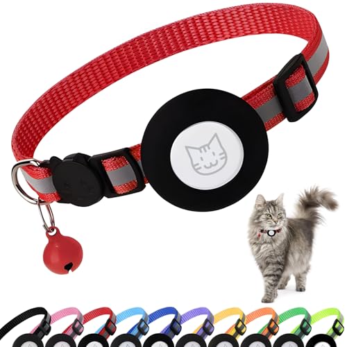 PWOD Airtag Katzenhalsband mit Glöckchen, reflektierendes Nylon-Kätzchenhalsband mit Apple Air-Tag-Halter und Sicherheitsschnalle für Welpen, Mädchen, Jungen, Katzen, 0,95 cm breit und leicht, Rot PWOD Airtag Katzenhalsband mit Glöckchen, reflektierendes Nylon-Kätzchenhalsband mit Apple Air-Tag-Halter und Sicherheitsschnalle für Welpen, Mädchen, Jungen, Katzen, 0,95 cm breit und leicht, Rot von PWOD