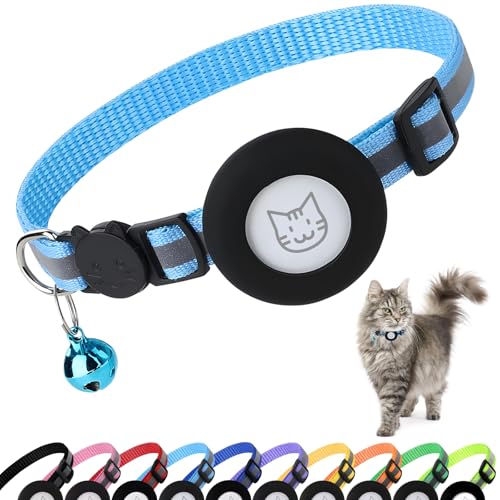 PWOD Airtag Katzenhalsband mit Glöckchen, reflektierendes Nylon-Kätzchenhalsband mit Apple Air-Tag-Halter und Sicherheitsschnalle für Welpen, Mädchen, Jungen, Katzen, 0,95 cm breit und leicht, Blau PWOD Airtag Katzenhalsband mit Glöckchen, reflektierendes Nylon-Kätzchenhalsband mit Apple Air-Tag-Halter und Sicherheitsschnalle für Welpen, Mädchen, Jungen, Katzen, 0,95 cm breit und leicht, Blau von PWOD