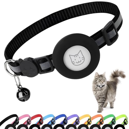 PWOD Airtag Katzenhalsband mit Glöckchen, reflektierendes Nylon-Kätzchenhalsband mit Apple Air-Tag-Halter und Sicherheitsschnalle für Welpen, Mädchen, Jungen, Katzen, 0,95 cm breit und leicht, Schwarz PWOD Airtag Katzenhalsband mit Glöckchen, reflektierendes Nylon-Kätzchenhalsband mit Apple Air-Tag-Halter und Sicherheitsschnalle für Welpen, Mädchen, Jungen, Katzen, 0,95 cm breit und leicht, Schwarz von PWOD