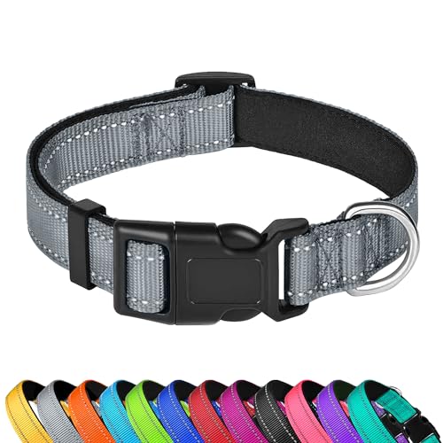 PWOD Reflektierendes Hundehalsband, verstellbar, weiches Neopren, gepolstert, Nylon, Haustierhalsbänder mit Schnalle für große Hunde, Grau, L von PWOD