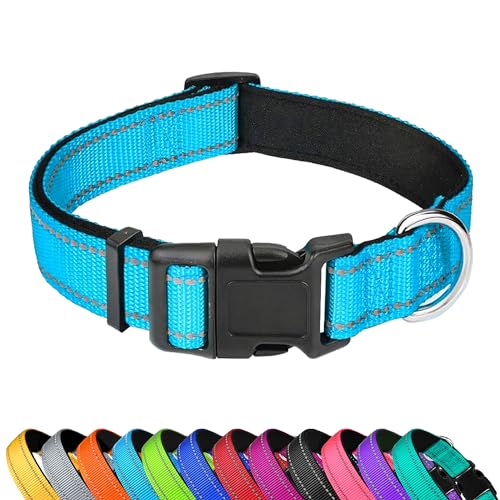 PWOD Reflektierendes Hundehalsband, verstellbar, weiches Neopren, gepolstert, Nylon, Haustierhalsbänder mit Schnalle für mittelgroße Hunde, Himmelblau, M von PWOD