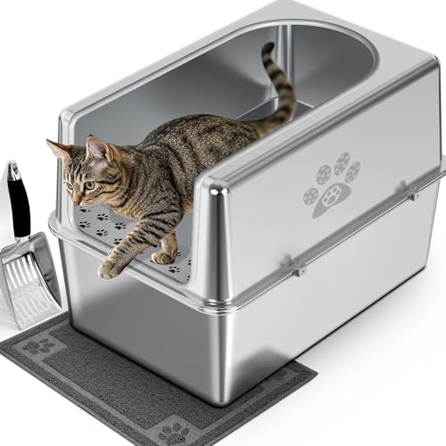 PWTAA Enclosed Edelstahl Katzentoilette mit Deckel, XL Metall Katzentoilette für große Katzen, extra große Katzentoilette mit hoher Seite, antihaftbeschichtet, auslaufsicher, geruchlos, mit Katzenklo PWTAA Enclosed Edelstahl Katzentoilette mit Deckel, XL Metall Katzentoilette für große Katzen, extra große Katzentoilette mit hoher Seite, antihaftbeschichtet, auslaufsicher, geruchlos, mit Katzenklo von PWTAA