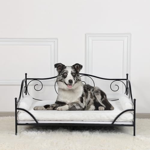 Haustiersofa, Metallrahmen, Hundebett mit waschbarem Plüschkissen für mittelgroße Haustiere (schwarz) von PWTJ
