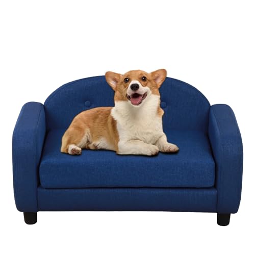PWTJ Hundesofa / Holzrahmen Haustiersofa mit Leinenstoff/Hundesofa und Stuhl für mittelgroße Hundeausruhen (blau) von PWTJ