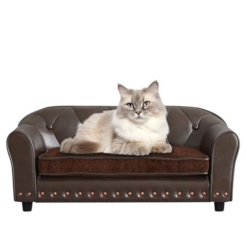 PWTJ Hundesofa und Stuhl/Luxus-PU-Leder-Haustier-Sessel/mit Kupfernagel-Hundesofa/Holzrahmen, Katzen-Sofa-Stuhl/Hundesofa mit Wildlederkissen für kleine Hunde (Braun) von PWTJ