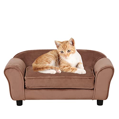PWTJ Hundesofas und -stühle/Hundebetten mit weichem Samtstoff/strapazierfähiges Haustiersofa/Bett/Holzrahmen, Katzenbett, Hundesofa mit waschbarem, bequemem Kissen für mittelgroße Hunde (braun) von PWTJ
