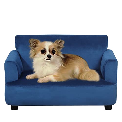 PWTJ Sofas und Stühle für Hunde/Hundebett mit stabilem Holzrahmen/glattes Samt-Katzenbett/klassisches Design, gepolstertes Haustiersofa/langlebiges Katzensofa für kleine Tiere (blau) von PWTJ