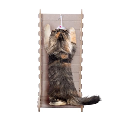 Verbesserter L-förmiger Katzenkratzer mit interaktivem Plüschball, robuster Kratzbaum mit Glockenspielzeug, platzsparendes Design für Indoor-Katzen (Hellbraun) von PWTJ