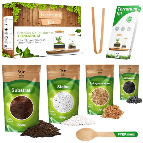 Flaschengarten Komplettset zum Schaffen EIN Ökosystem im Glas - Terrarium Starter Kit zum Anlegen EIN Biotop im Glas - Kit Terrarium mit Garten Werkzeug, Moos, Erde, Steinen (Ohne Flasche, M) von PYEF CRAFTS