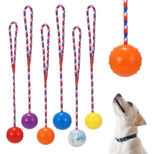 PZJFH Wurfball Hund, Hundeball auf einem Seil,6 Stück Ball mit Seil Naturkautschuk Ball für Hunde Hundespielzeug Ball Hundeball Weich und Elastisch Vollgummiball für Große & Kleine Hunde Werfen von PZJFH