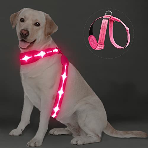 PZRLit LED-beleuchtetes Hundegeschirr, wiederaufladbar, weich gepolstert, verstellbar und reflektierend, beleuchtet, wasserdicht, leuchtet dunkel, helles Geschirr für Camping, Nacht, Rosa, extra groß von PZRLit