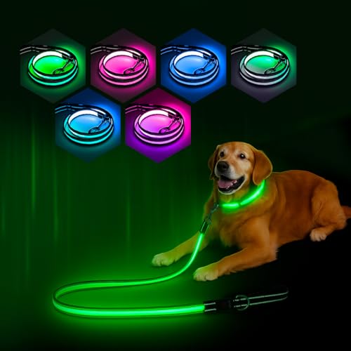 PZRLit Leuchtende Hundeleine, 7 Beleuchtungsmodi, reflektierend, LED, 122 cm, reflektierend, für nächtliche Spaziergänge, Blau, Grün, Rosa (mehrfarbig) von PZRLit