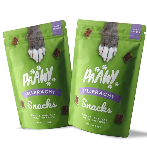 Paawy Fellpracht Snacks – Unterstützt Haut & Fell deines Hundes – Nahrungsergänzung mit Lachsöl, Bierhefe, Biotin, Omega-3 & Zink – Gegen Juckreiz, Haarausfall & Allergien von Paawy
