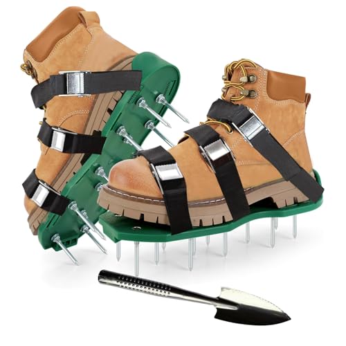 Pabbyeey Nagelschuhe Rasen – Rasenlüfter Schuhe & Rasen lüften Gerät mit 45 mm Nägeln, 6 verstellbaren Riemen & Metallschnallen, inkl. Montageschlüssel und Schaufel – Ideal zum Rasen belüften von Pabbyeey